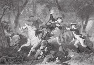 Patrick Fergusons død i slaget ved King's Mountain, 7. oktober 1780 (litho) av American School