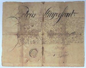 Skjøte signert av Peter Stuyvesant, generaldirektør for New Netherland, 15. mai 1664 av American School
