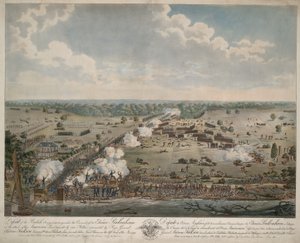 Nederlag til den britiske hæren (Battle of the New Orleans), pub. 1815 (håndfarget gravering) av American School