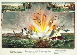 Ødeleggelse av det amerikanske slagskipet Maine i Havana havn 15. februar 1898, pub.1898 av American School