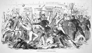 Utkast til opptøyer i New York, "Politi avviser mobben fra å storme Tribune-kontoret" av American School