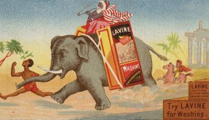 Elefant som løper med boks med vaskesåpe av American School