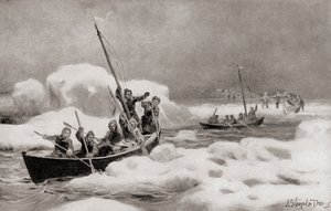 Elisha Kent Kane, leder av The Second Grinnell Expedition of 1853, på jakt etter kaptein Sir John Franklins tapte ekspedisjon i de arktiske områdene, fra The History of Our Country, publisert 1905 (lito) av American School