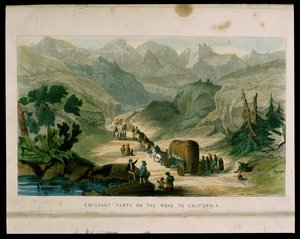 Emigrant Party on the Road to California i 1596, illustrasjon fra California, dets tidligere historie, dets nåværende posisjon, dets fremtidsutsikter av G.A. Fleming, 1850 av American School