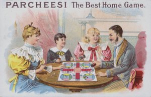 Familie som spiller Parcheesi (chromolitho) av American School