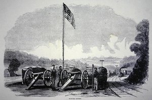 Føderalt sandposebatteri for å beskytte jernbanen under den amerikanske borgerkrigen (1861-65) (litho) av American School