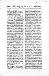 Første side av en bredside som skisserer loven for blokkering av havnen i Boston, 1774 (avispapir) av American School