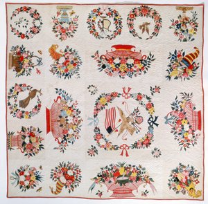Flagg- og blomsterteppe, ca. 1860 (bomull) av American School