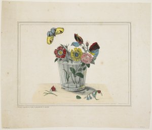 Blomster i et glass, med sommerfugl (håndfarget litho) av American School
