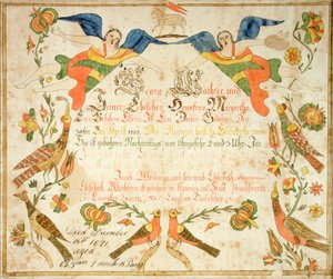 Fraktur til fødsels- og dåpsattesten for Elizabeth Wachter (1808–71) 1808 (blekk og akvarell på papir) av American School