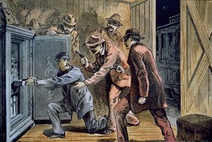 Frank og Jesse James Gang raner ekspressbilen til et tog i 1879 (farge litho) av American School