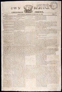 Forside fra Cherokee Phoenix, 21. februar 1828 (trykk) av American School