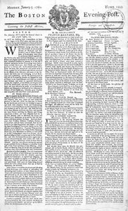 Forsiden av Boston Evening Post som kunngjør døden til kong George II (1683-1760), 5. januar 1761 (trykk) av American School