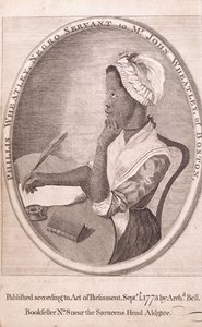 Frontispice-portrett av forfatteren, Phillis Wheatley, fra boken "Dikt om forskjellige emner, religiøse og moralske" av American School