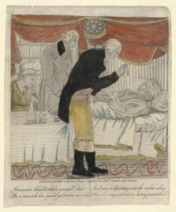 G. Washington i sin siste sykdom, deltatt av Drs. Craik og Brown, pub. ca. 1800 (håndfarget gravering) av American School