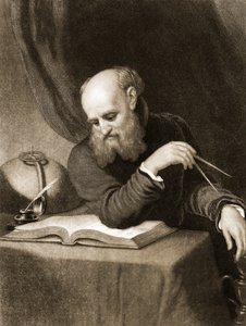 Galileo med kompass og diagrammer, ca. 1880 (gravering) av American School