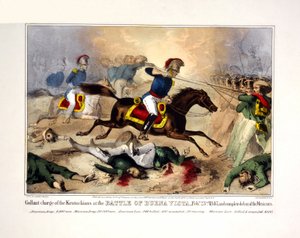 Kentuckianernes tapre angrep i slaget ved Buena Vista, 23. februar 1847 og fullstendig nederlag for meksikanerne, utgitt i 1847 (håndkolorert litografi) av American School