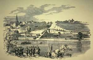 General Banks (1816–94) unionsdivisjon som krysset Potomac fra Williamsport, Maryland, for å angripe den konfødererte hæren under general Jackson (1824–63) i 1862 (litho) av American School