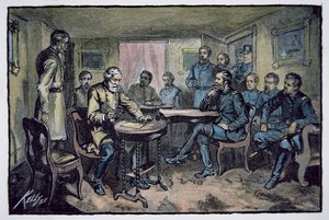 General Robert E. Lee (1807-70) overgir seg til general Ulysses S. Grant (1822-85) ved Appomattox tinghus, 9. april 1865 (farge litho) av American School