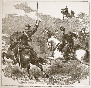 General Sheridan snur nederlag til seier på Cedar Creek, fra en bokpub. 1896 av American School