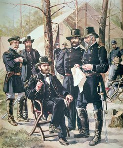 General Ulysses Simpson Grant, sjef for unionsstyrkene i slaget ved Shiloh, 6.-7. april 1862 (farge litho) av American School
