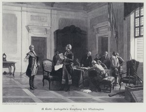 George Washington ønsker Marquis de Lafayette velkommen (gravering) av American School