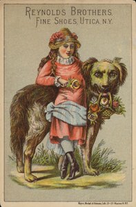 Jente lener seg på stor hund med roser. av American School