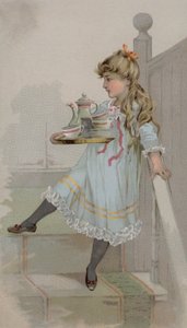 Jente som bærer en kanne kaffe på et brett av American School