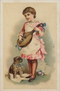 Jente som spiller mandolin med en hund av American School