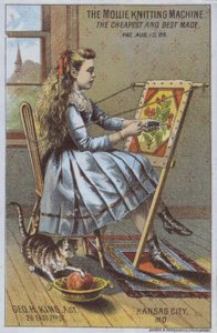 Jente som bruker en strikkemaskin (farge litho) av American School