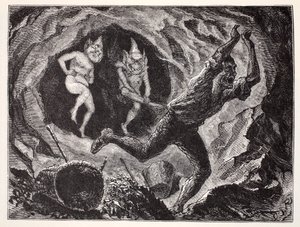 Gnomes Terrifying a Miner, fra The World Guide to Gnomes, Fairies, Alves and Other Little People av Thomas Keightley (1789-1872) Publisert 1880 av American School