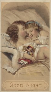 God natt, barn som sover i sengen (chromolitho) av American School