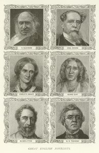 Store engelske romanforfattere, R Blackmore, Charles Dickens, Charlotte Bronte, George Eliot, Bulwer-Lytton, WM Thackeray av American School