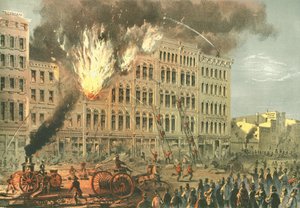 Great Fire on Lake Street, fra Chicago Illustrated, med litterære beskrivelser av James W. Sheahan, utgitt av Jevne & Almini, Chicago, 1866-67 av American School
