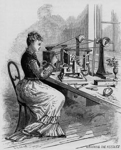 Grooving the Needles, illustrasjon som viser produksjon av symaskiner fra magasinet Scientific American, 1879 av American School