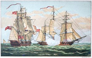 HMS Shannon vs den amerikanske Chesapeake i 1813 under krigen i 1812 (farge litho) av American School