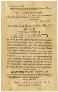 Halls Vegetable Sicilian Hair Renewer, gjenoppretter grått hår til sin opprinnelige farge og forhindrer skallethet. Verso, (litografi [varekort]) av American School