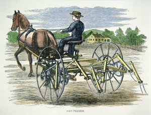 Høyhøvende jordbruksmaskin, ca. 1880 (farget gravering) av American School