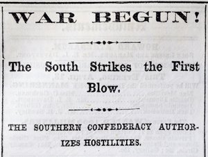Overskrift fra Boston Evening Transcript som kunngjorde begynnelsen av borgerkrigen, 13. april, 1861 (avispapir) av American School