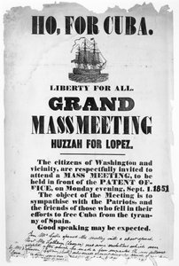 Ho, for Cuba, plakat som annonserer et møte for å sympatisere med de som falt i deres forsøk på å frigjøre Cuba fra Spanias tyranni, 1. september 1851 av American School