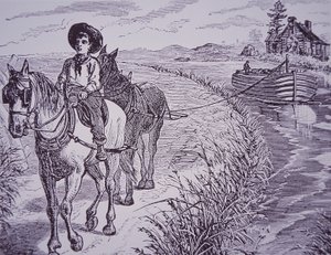 Hester som trekker kanalbåt på slepesti, Erie Canal (gravering) av American School