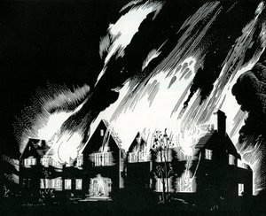 Hus oppslukt av flammer av American School