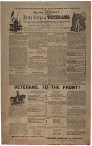 Illustrert rekrutteringsplakat i Philadelphia for generalmajor Hancocks First Army Corps of Veterans inkludert Union man and Woman., februar 1865 av American School