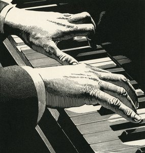 Illustrasjon av hender som spiller et piano av American School