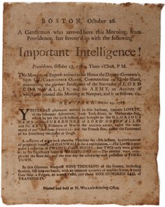 Viktig etterretning! (kunngjør overgivelsen av Cornwallis i Yorktown), liten bredside trykt av M. Willis, Boston, 26. oktober 1781 av American School