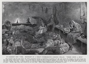 I mørkeste New York, Midnight in a Cheap Underground Lodging Cellar, "three cents a spot" (litho) av American School