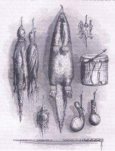 Indisk medisinpose, mystery fløyte, kamper og tromme 1661, illustrasjon fra Cassell