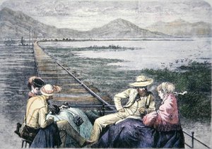 Inspeksjonsbil på Pacific Railroad, ca. 1870 (farget gravering) av American School