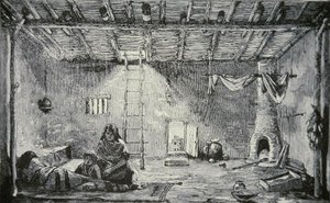 Interiør i et Pueblo-hus, ca. 1880 (gravering) av American School