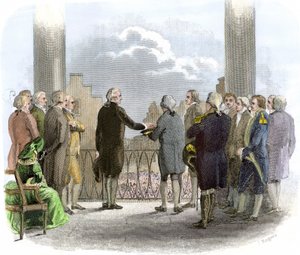 George Washingtons investitur (1732–1799) (fargegravering) av American School
